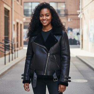 American Eagle Faux Suede Shearling Lined Distressed Moto Jacket,  Bl,  Sz XL‎